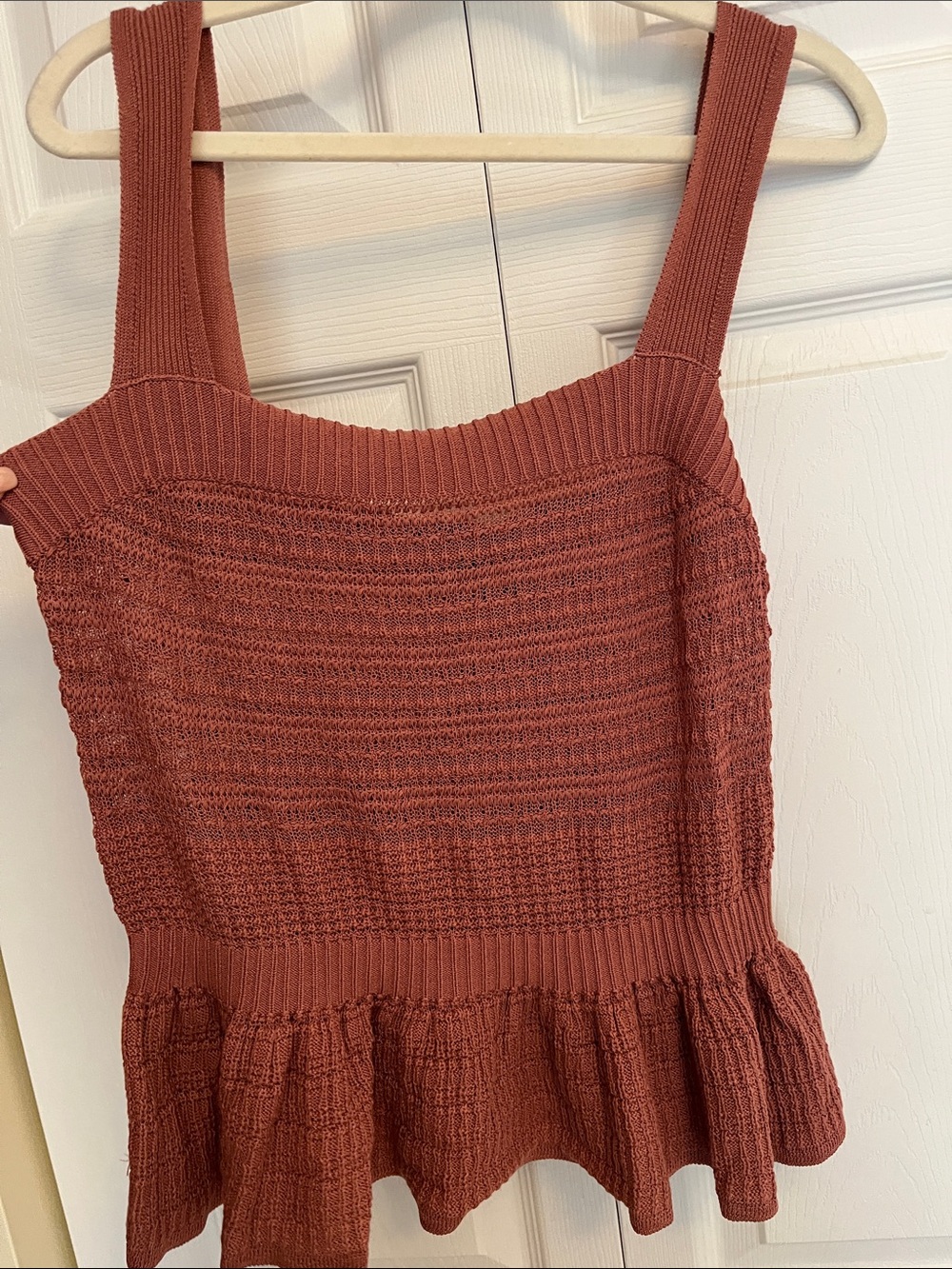 Express Ribbed V-Neck Peplum Sweater Tank in Rust